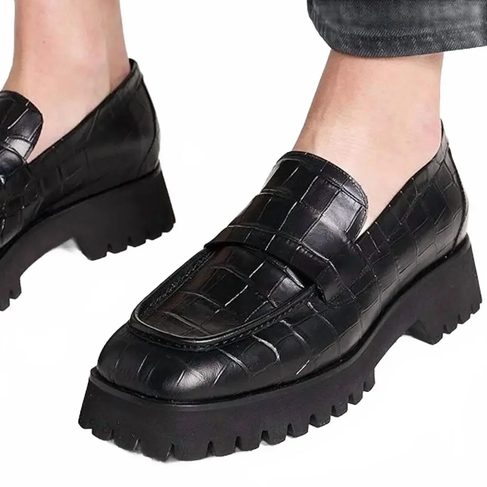 Freda Salvador Black Textured Leather Lug Sole Loafers - Picture 3 of 4